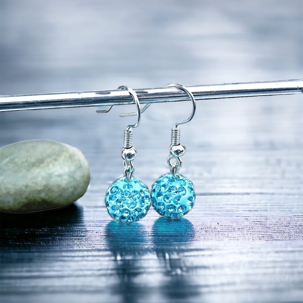 ‼️$7‼️Turquoise Rhinestone Ball Silver Tone Earrings